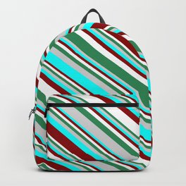 [ Thumbnail: Eyecatching Sea Green, Light Grey, Cyan, Dark Red, and White Colored Lines Pattern Backpack ]