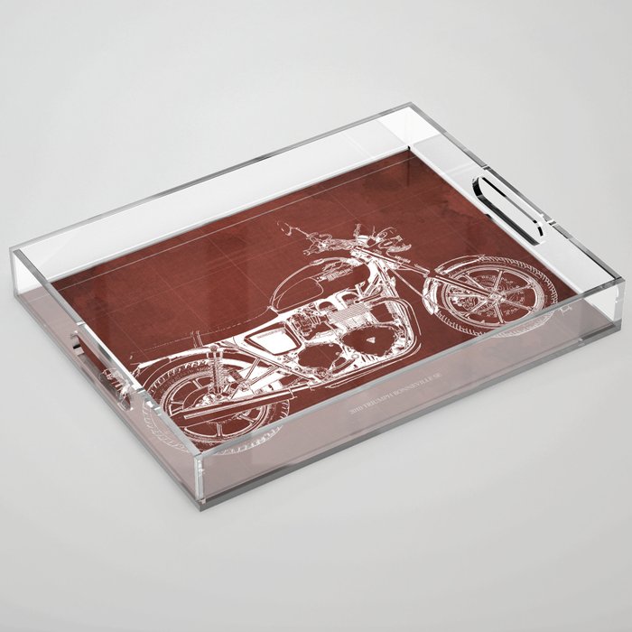 2010 Triumph Bonneville SE Blueprint, Red Background Acrylic Tray