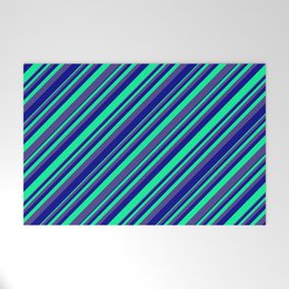 [ Thumbnail: Green, Dark Slate Blue & Dark Blue Colored Lined/Striped Pattern Welcome Mat ]