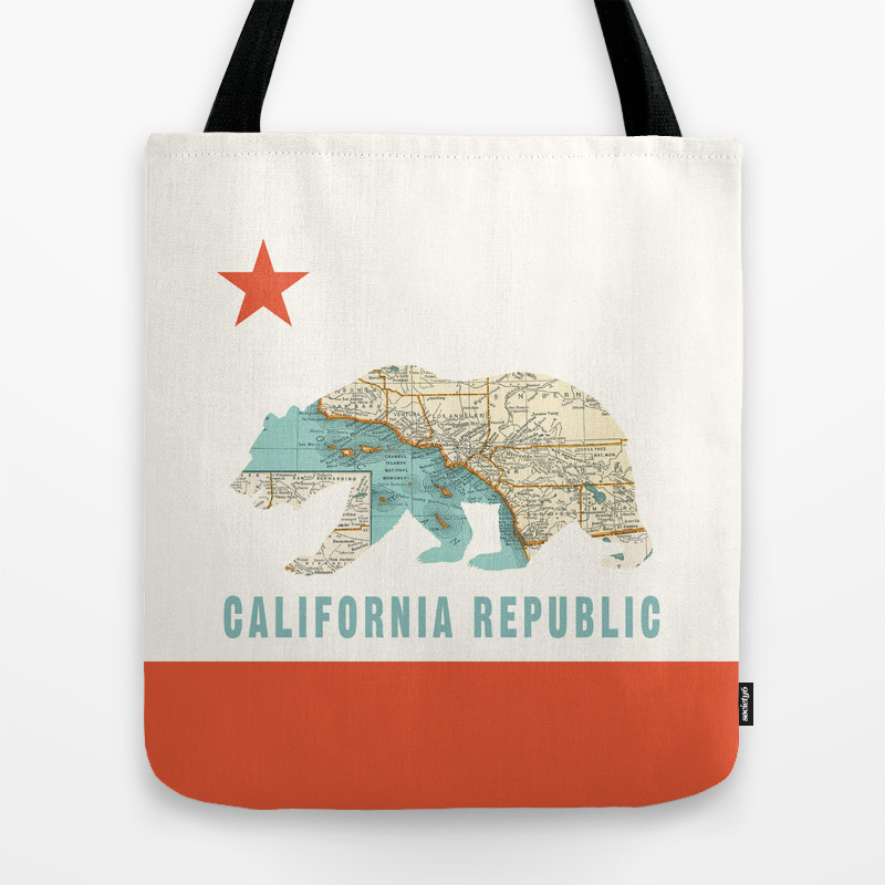California Bear Flag With Vintage Map Tote Bag By Shelleygardea