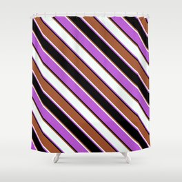 [ Thumbnail: Sienna, Mint Cream, Orchid & Black Colored Pattern of Stripes Shower Curtain ]