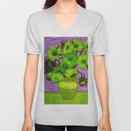 Vincent van Gogh Twelve green sunflowers in a vase still life with purple background portrait painting V Neck T Shirt