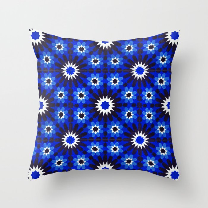 Colored Heritage Blue Boho Andalusian Moroccan Zellige Tiles Throw Pillow