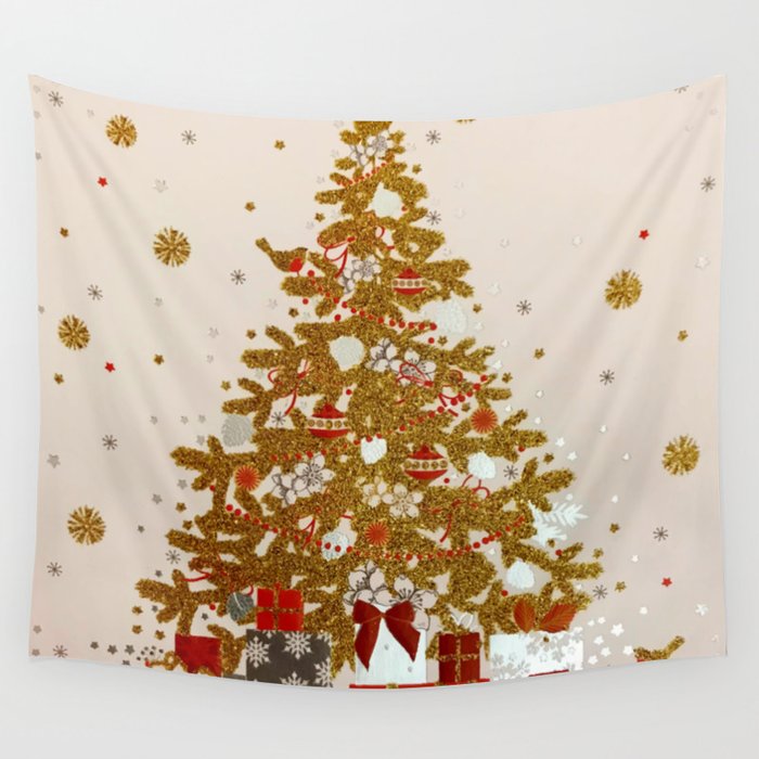 Cozy Christmas Gold Glittered Tree Presents Wall Tapestry