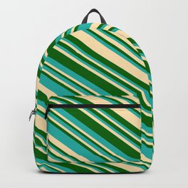 [ Thumbnail: Light Sea Green, Beige, and Dark Green Colored Lined Pattern Backpack ]