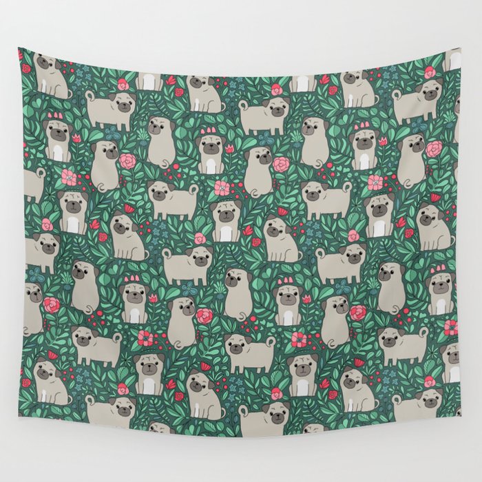 Pugs and summer flowers Wall Tapestry