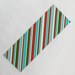 [ Thumbnail: Vibrant Red, Grey, Dark Turquoise, Mint Cream, and Dark Green Colored Striped/Lined Pattern Yoga Mat ]