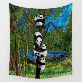 Six Baby Pandas in a Tree Wall Tapestry