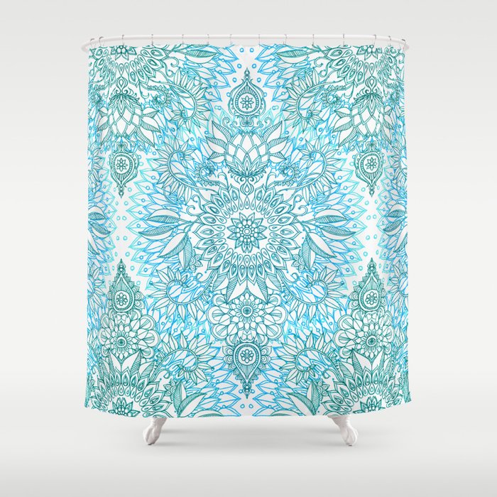 Turquoise Blue Teal White Protea, Teal White Shower Curtain