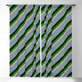 [ Thumbnail: Light Salmon, Light Slate Gray, Black, Green, and Light Cyan Colored Stripes/Lines Pattern Blackout Curtain ]