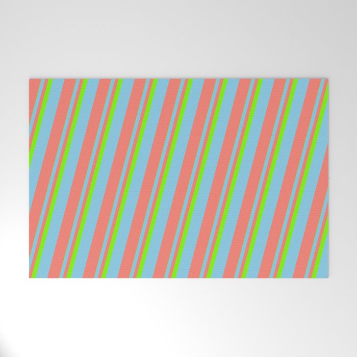 Green, Sky Blue & Salmon Colored Pattern of Stripes Welcome Mat