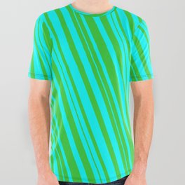 [ Thumbnail: Cyan & Lime Green Colored Lined Pattern All Over Graphic Tee ]