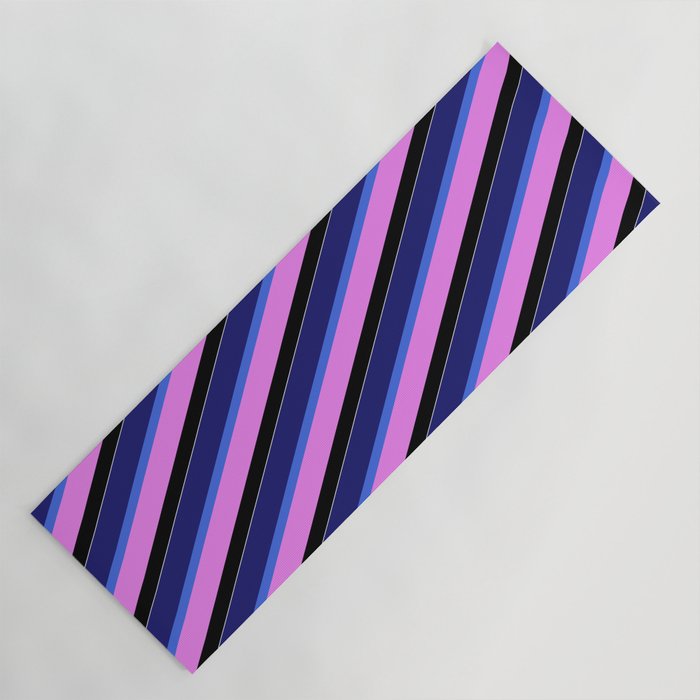 Vibrant Midnight Blue, Royal Blue, Violet, Black, and White Colored Pattern of Stripes Yoga Mat
