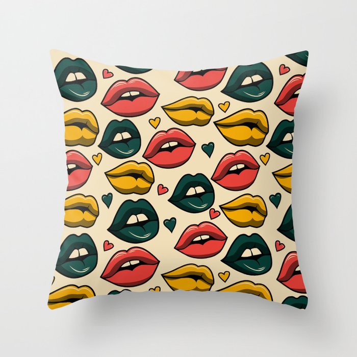 Retro Vibrant Lips Pattern - Green & Yellow Throw Pillow