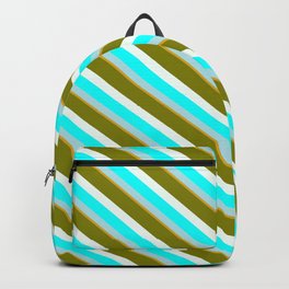 [ Thumbnail: Eye-catching Green, Mint Cream, Aqua, Powder Blue, and Goldenrod Colored Striped/Lined Pattern Backpack ]