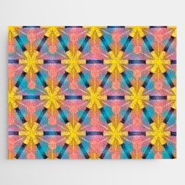 Modern Geometric Star Flowers Yellow Pink Aqua Jigsaw Puzzle