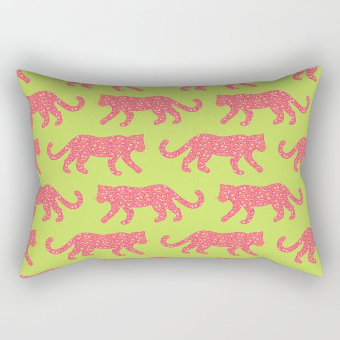 Kitty Parade - Coral Pink on Lime Rectangular Pillow
