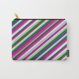 [ Thumbnail: Eye-catching Dark Slate Blue, Deep Pink, Lavender, Grey, and Green Colored Striped/Lined Pattern Carry-All Pouch ]