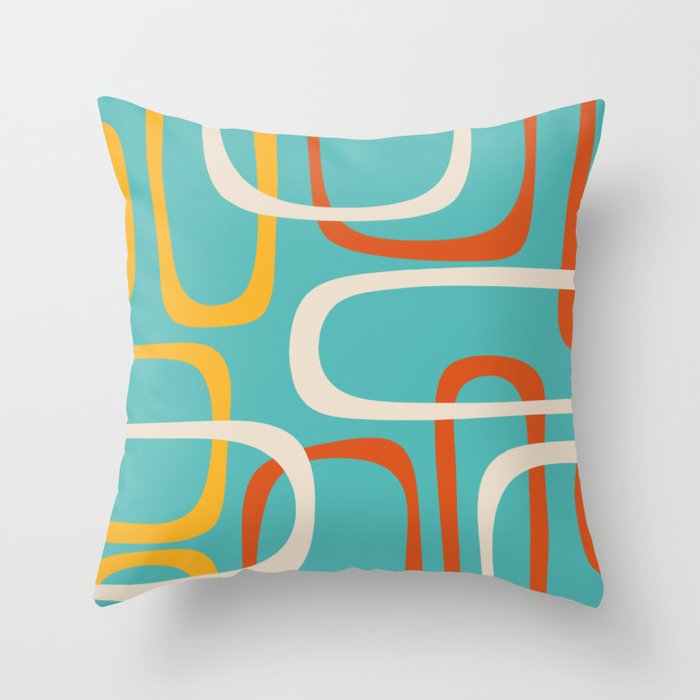 Fine Loops Mid-Century Modern Minimalist Turquoise Teal, Orange, Mustard, and Cream  Throw Pillow