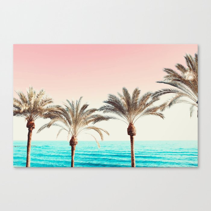 Modern California Vibes pink sky blue seascape tropical palm tree beach photography Canvas Print