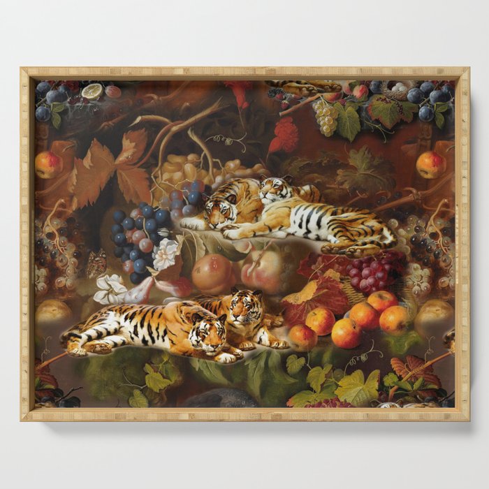 Tigers & Fruit Abundance - Antique Vintage Paintings Collage Serving Tray