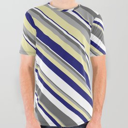 [ Thumbnail: Vibrant Dim Grey, Dark Gray, Pale Goldenrod, Midnight Blue, and White Colored Lined Pattern All Over Graphic Tee ]