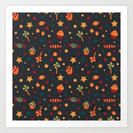 Sweet Treats Pattern - Crimson-Pumpkin-Jade Art Print | Delicious, Sweets, Halloween Season, Sweet Treats, Dotted, Pumpkin, Crimson, Digital, Candy Corn, Stars 