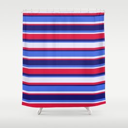 [ Thumbnail: Crimson, Midnight Blue, Royal Blue, and Lavender Colored Striped Pattern Shower Curtain ]