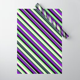 [ Thumbnail: Light Green, Light Yellow, Dark Slate Gray, Dark Violet, and Black Colored Lines/Stripes Pattern Wrapping Paper ]