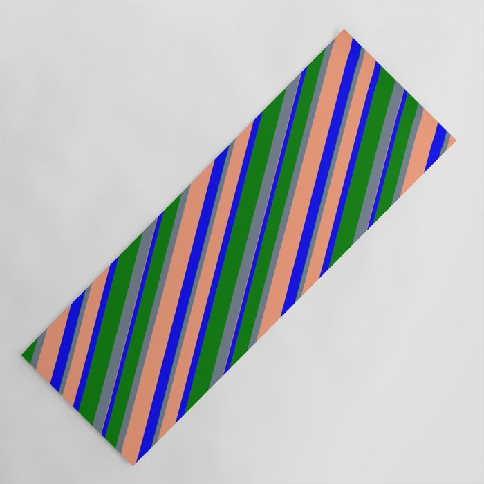 Slate Gray, Light Salmon, Blue & Green Colored Lines/Stripes Pattern Yoga Mat