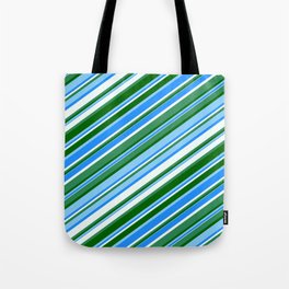 [ Thumbnail: Eye-catching Blue, Mint Cream, Sea Green, Dark Green & Light Sky Blue Colored Lined Pattern Tote Bag ]