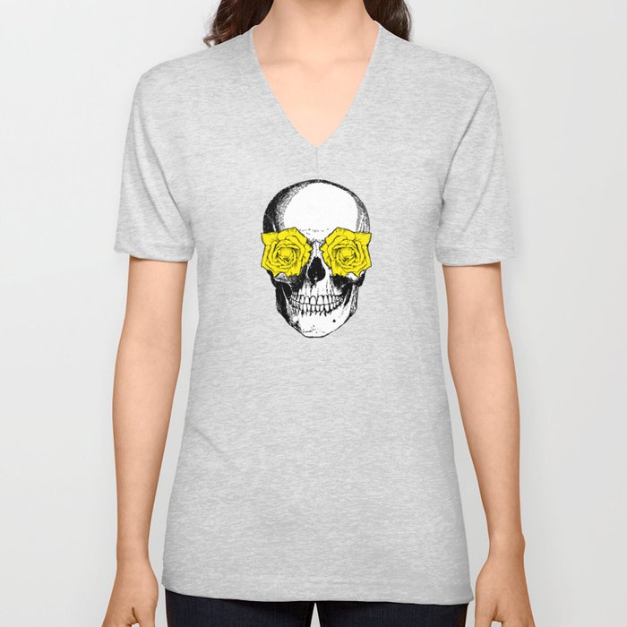 Skull and Roses | Skull and Flowers | Vintage Skull | Grey and Yellow | V Neck T Shirt
