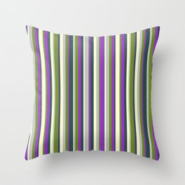 [ Thumbnail: Colorful Light Yellow, Dark Slate Gray, Dark Orchid, Green, and Grey Colored Striped Pattern Throw Pillow ]