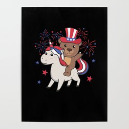 Bear With Unicorn For The Fourth Of July Fireworks Poster