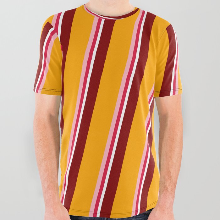 Colorful Maroon, Orange, Light Pink, Crimson, and White Colored Lines/Stripes Pattern All Over Graphic Tee
