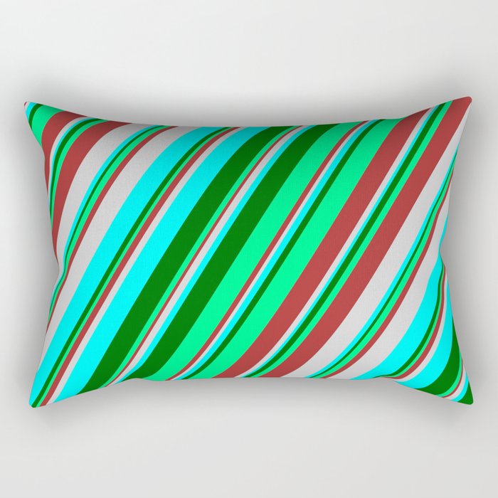 Colorful Brown, Light Grey, Cyan, Dark Green, and Green Colored Stripes Pattern Rectangular Pillow