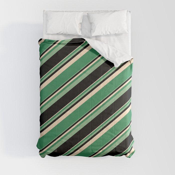 Bisque, Sea Green, Dark Sea Green, and Black Colored Lined Pattern Comforter