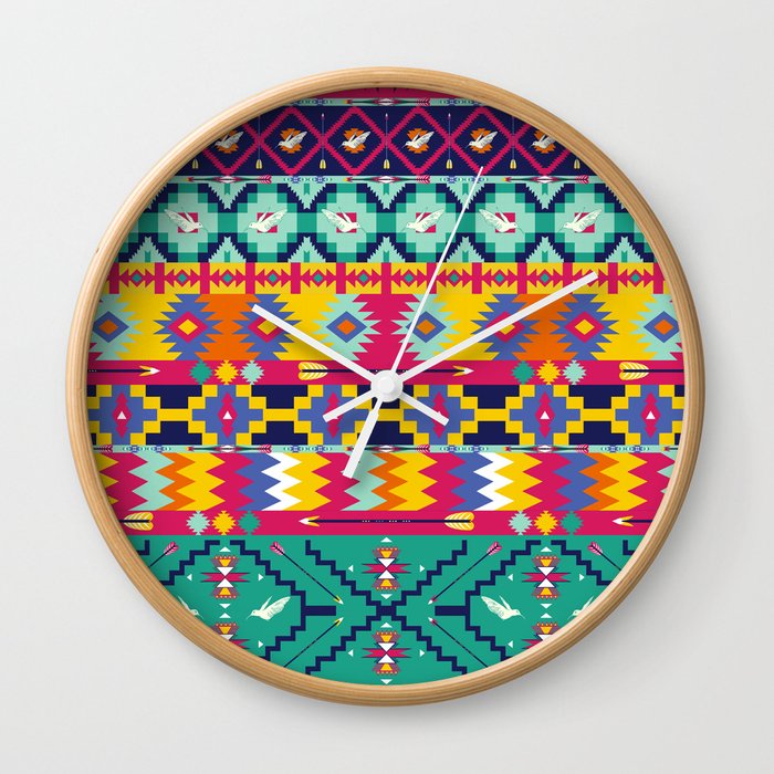 Seamless colorful aztec pattern with birds Wall Clock
