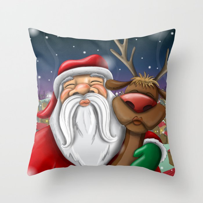 Santa making selfie with Rudolph Throw Pillow