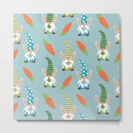Cute Easter gnomes with bunny ears holding eggs and carrots pattern Metal Print