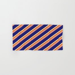 [ Thumbnail: Beige, Chocolate, Dark Salmon, and Midnight Blue Colored Pattern of Stripes Hand & Bath Towel ]