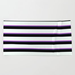 [ Thumbnail: Orchid, Dark Slate Blue, Black & Mint Cream Colored Lines/Stripes Pattern Beach Towel ]