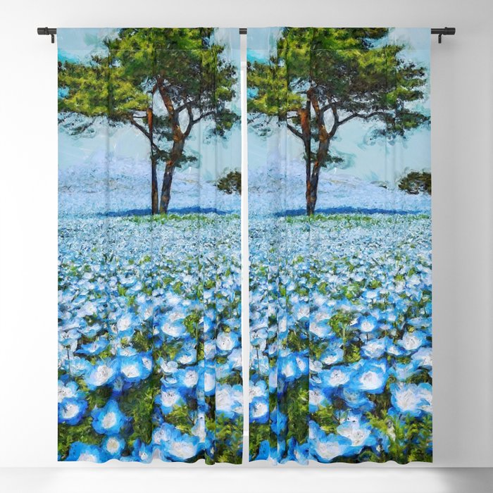 Fields of Blue Poppies floral landscape painting Blackout Curtain