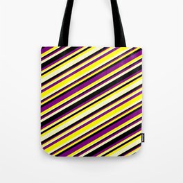 [ Thumbnail: Purple, Yellow, Light Yellow & Black Colored Lines/Stripes Pattern Tote Bag ]