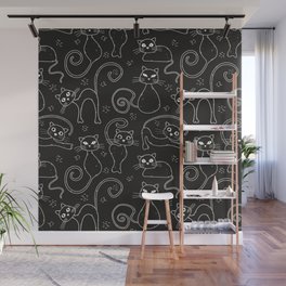 Fun black cat line art pattern Wall Mural