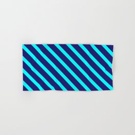 [ Thumbnail: Cyan and Midnight Blue Colored Lined/Striped Pattern Hand & Bath Towel ]