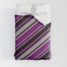 [ Thumbnail: Purple, Dark Gray & Black Colored Striped/Lined Pattern Comforter ]