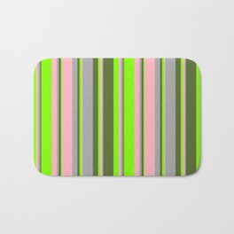 [ Thumbnail: Light Pink, Dark Grey, Dark Olive Green, and Chartreuse Colored Lines/Stripes Pattern Bath Mat ]