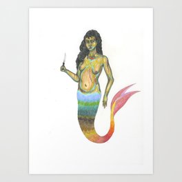 brown mermaid holding a knife Art Print