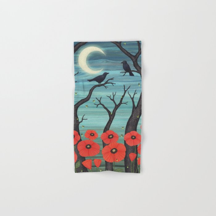 crows, fireflies, and poppies in the moonlight Hand & Bath Towel